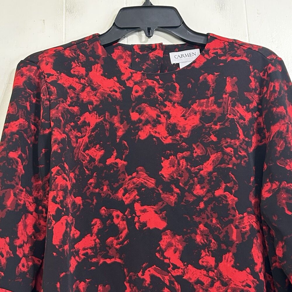 Carmen Marc Valvo Black & Red Floral Long Bell Sleeve Blouse Top Size Small - Picture 4 of 11